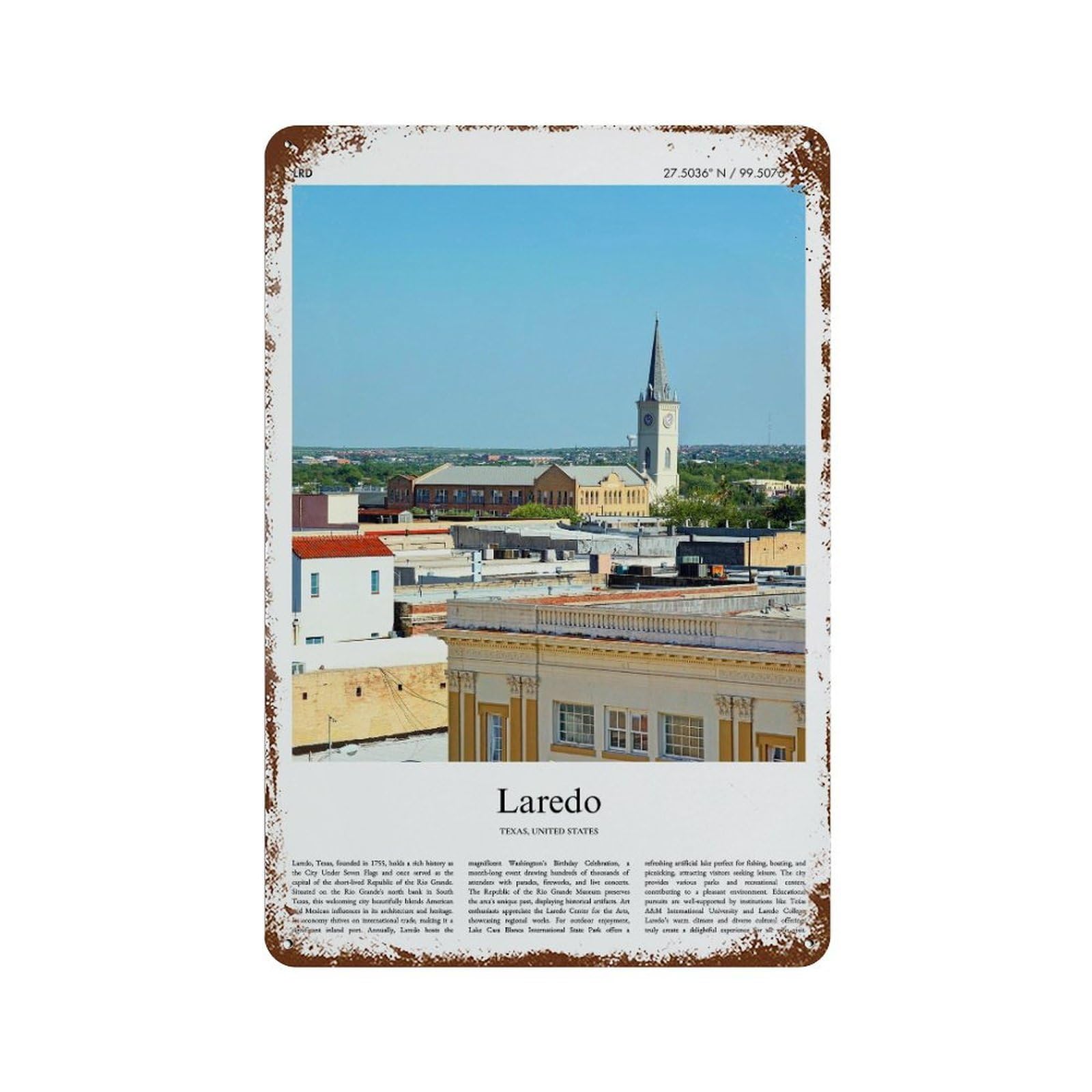 xiaoxiaoshen Laredo Texas, United States, USA City Scenery Wall Decor Art Metal Tin Poster Modern Home Decor Art Home Bar Shop Decorations Vintage Sign 30x20cm