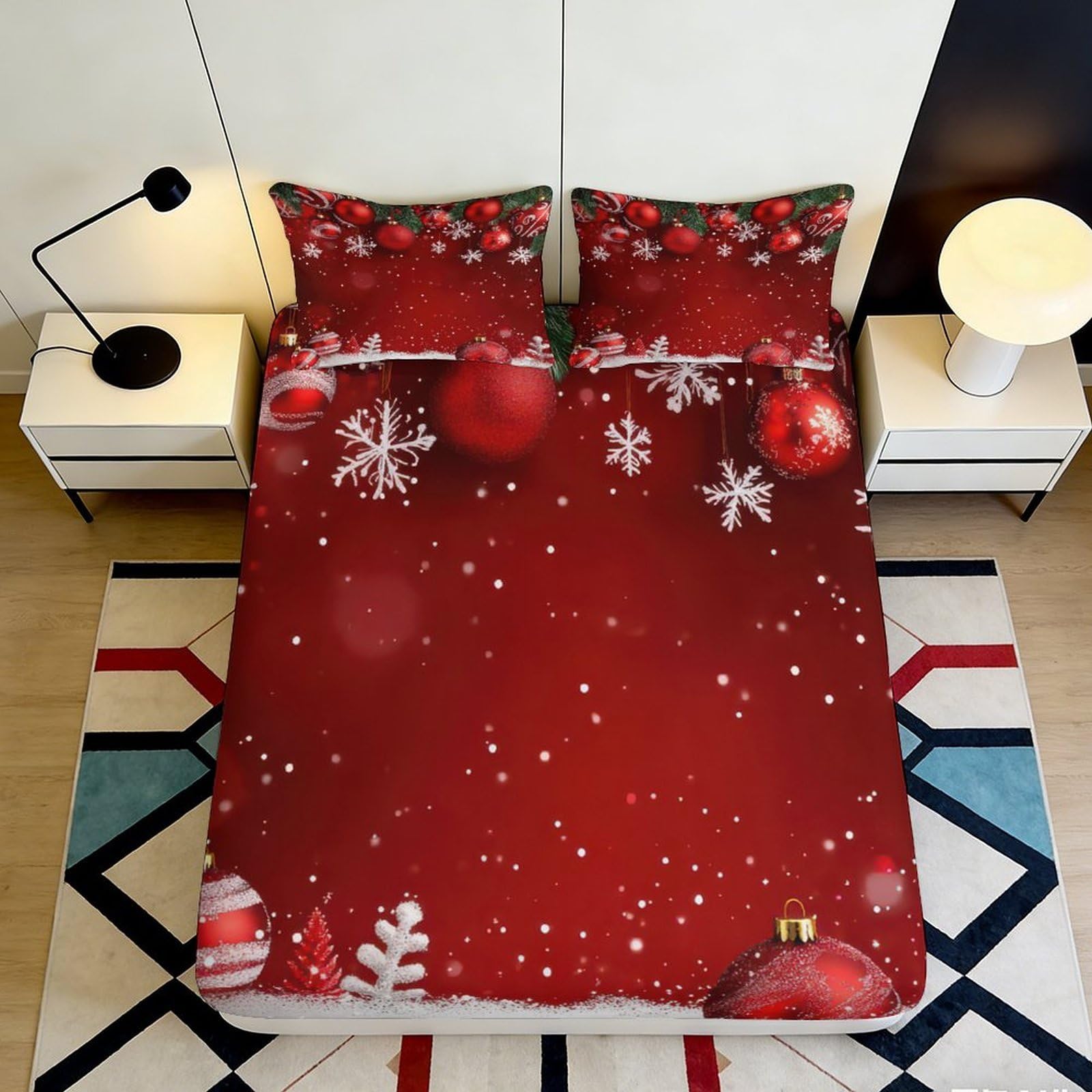 Jqzkxnhpbr Style-5 3D Printed Christmas Ornament Fitted Sheet Microfiber Red Snowflake Bed Cover For Bedroom Guestroom Decor 90X200x25cm