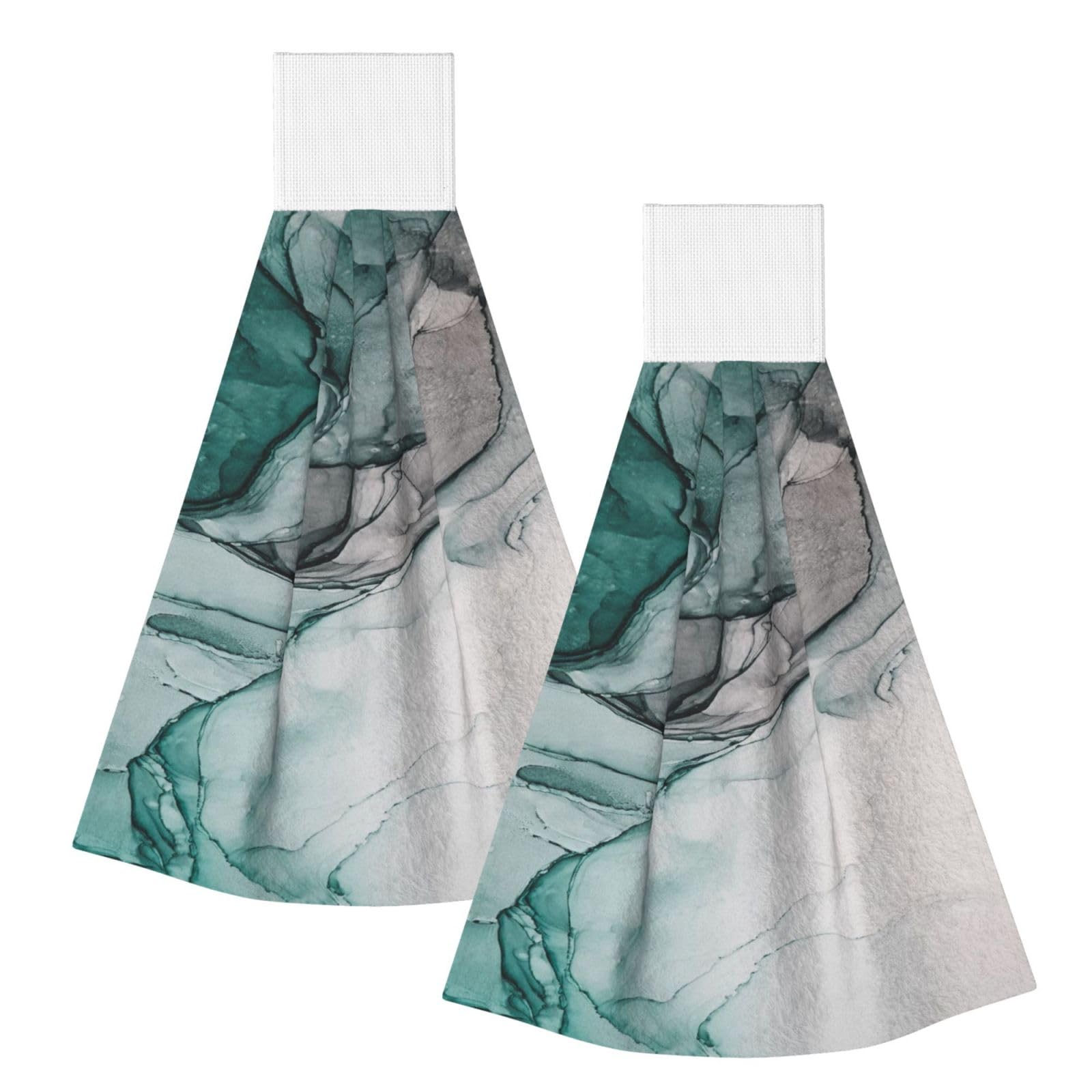 DOPKLNA Green Marble Texture, 2 Pcs Hanging Coral Fiber Hand Towels for Bathroom, Absorbent Kitchen Towels
