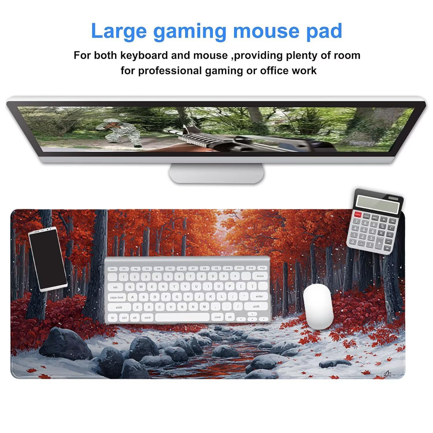 Gamingowa podkładka pod mysz, 1200 x 600 mm, XXL, przedłużona, duża podkładka pod mysz, szyte krawędzie, antypoślizgowa gumowa podstawa, ochrona biurka, do domowego biura (zimowy las) Z180