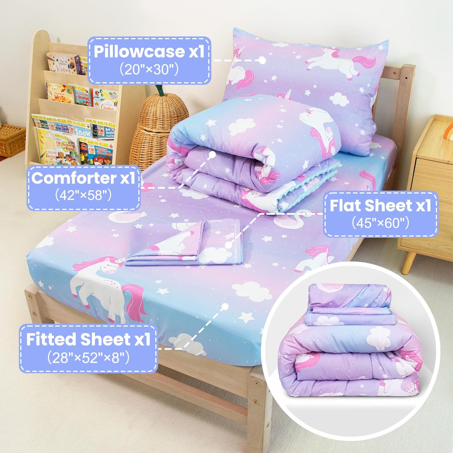 TinyPalsa Extra Large 53.1" x 23.6" Toddler Unicorn Sofa + 4 Pieces Unicorn Toddler Bedding Set