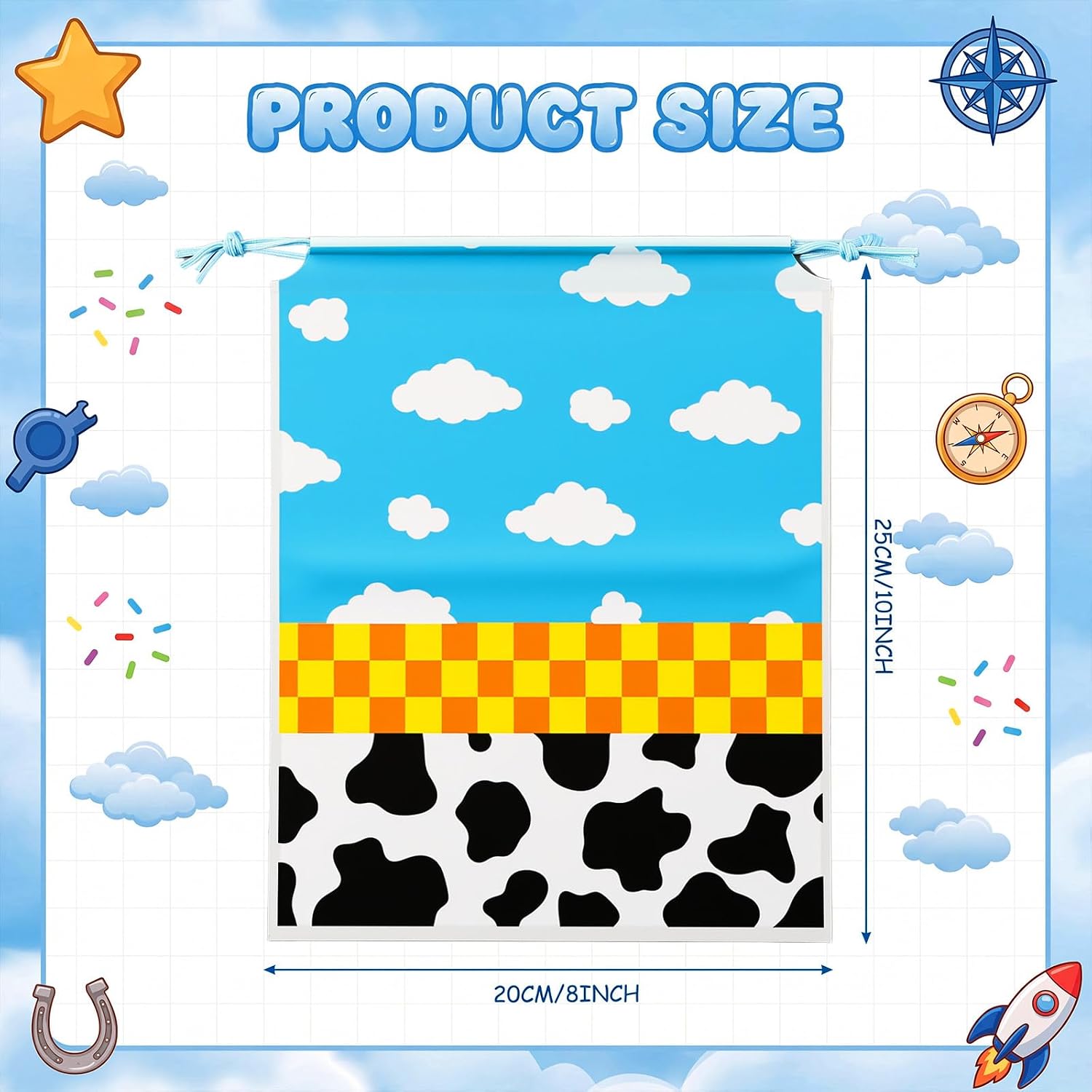Klyyo Clyro 30 Pcs Cartoon Story Theme Drawstring Bags 8 x 10 Inch Cartoon Birthday Party Favors Waterproof Plastic Drawstring Bags Blue Sky White Cloud Cow Print Gift Packaging for Party Supplies image 2