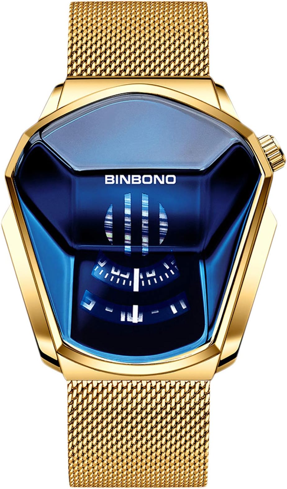 RORIOS メンズクォーツアナログウォッチ クリエイティブウォッチ リストウォッチ メッシュ ステンレススチール スポーツウォッチ メンズウォッチ, ブルーゴールド B, L, ブレスレット