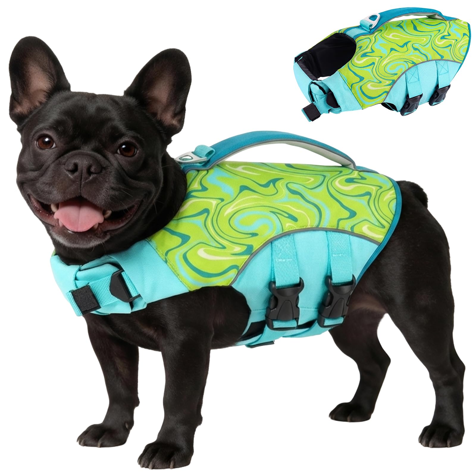 BRKURLEG Dog Life Jacket, Dog Life Vest for Swimming &amp; Boating with High Buoyancy &amp; Rescue Handle for Small Medium Large Dogs, Adjustable Reflective Swimming Safety Vest, Green XS