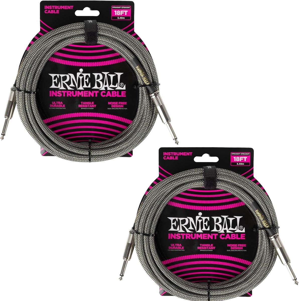 Ernie Ball Braided Instrument Cable Set Straight/Straight Length 18ft in Silver Fox (P06433) - Pack of 2