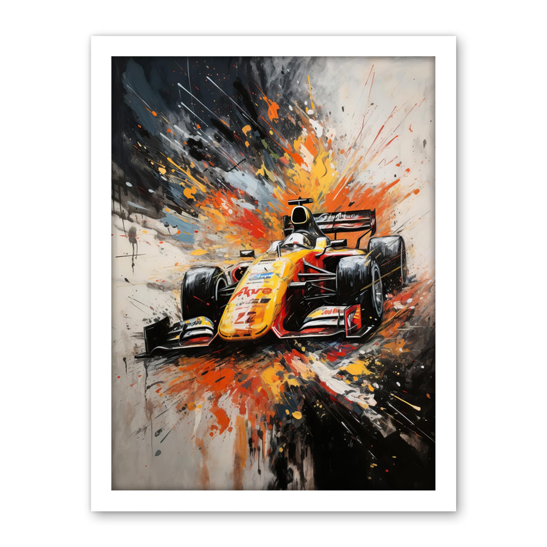 Artery8 Yellow Race Car Racing Scene Modern Spatter Art Artwork Framed Wall Art Print 18X24 Inch
