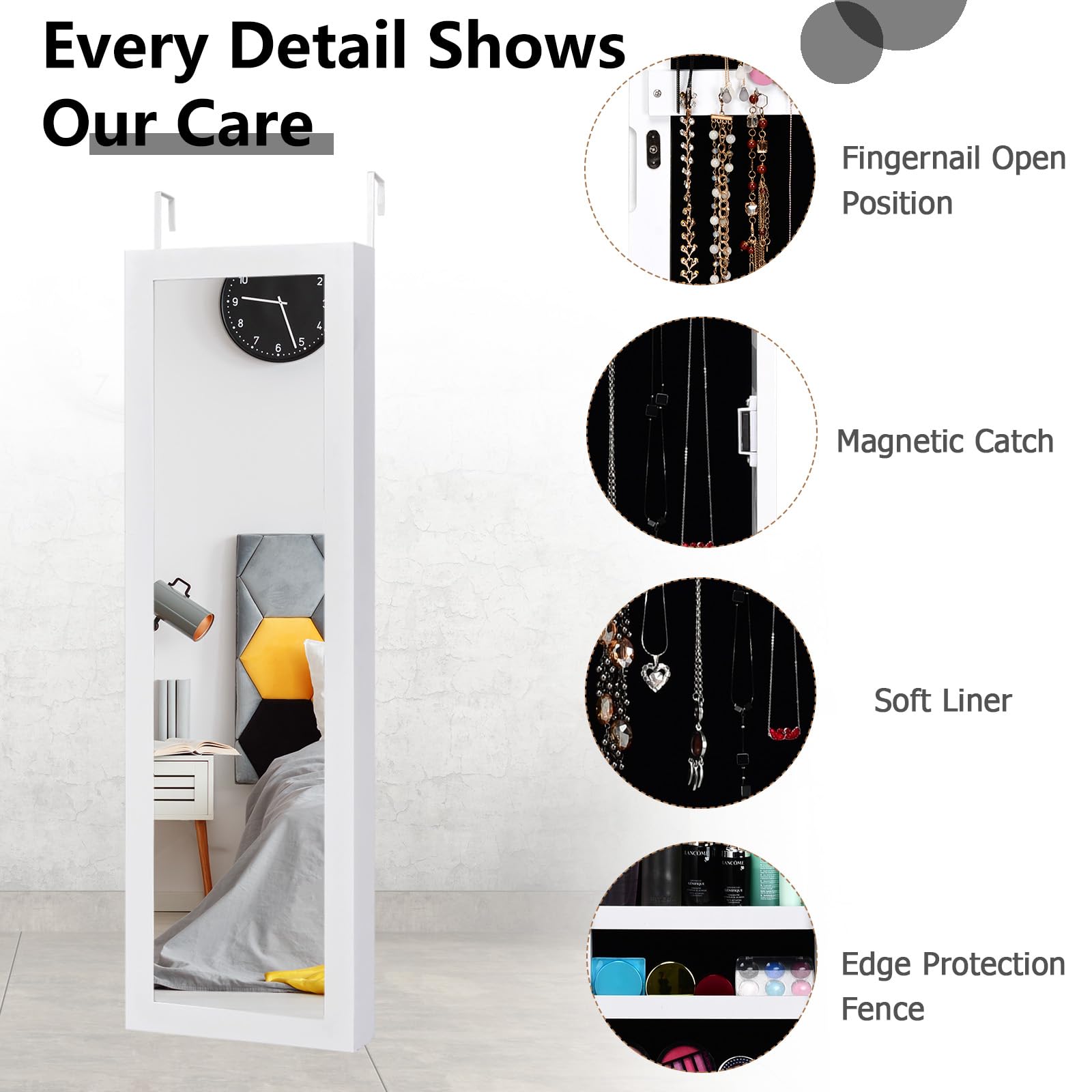 HOMASIS Schmuckschrank mit 2 Spiegeln für Wand & Tür, Spiegelschrank mit Regal, Schmuckregal mit Kettenhaken & Ringverschluss, Schmuckkasten Schmuck-Organizer aus Holz, Weiß (Weiß)