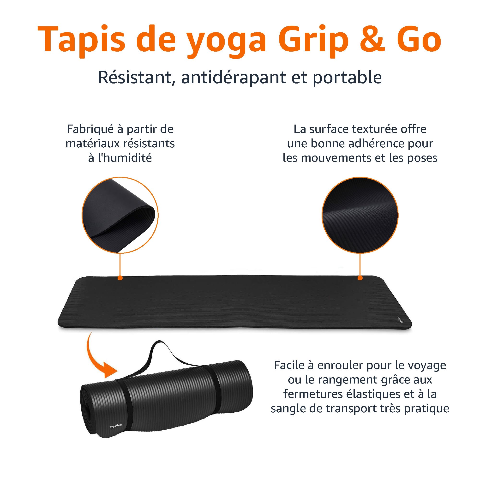 Amazon Basics Tapis de yoga antidérapant épais 183 x 61 x 1 cm Noir