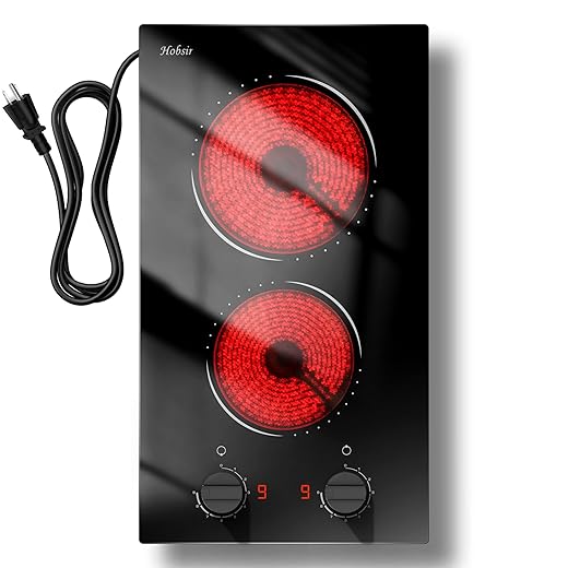 Hobsir 2 Burner Electric Cooktop 110v, Plug in Electric Stove Top, 2000W Electrical Stove Top Burner, 12 Inch Countertop & Built-in Ceramic Cooktop, Knob Control, 9 Power Level