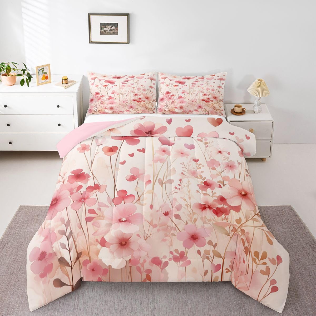 Erosebridal Poppy Flowers Queen Comforter Set Pink Valentine Bedding Set for Kids Teens Romantic Love Heart Shaped Bed Set Spring Floral Quilt Duvet