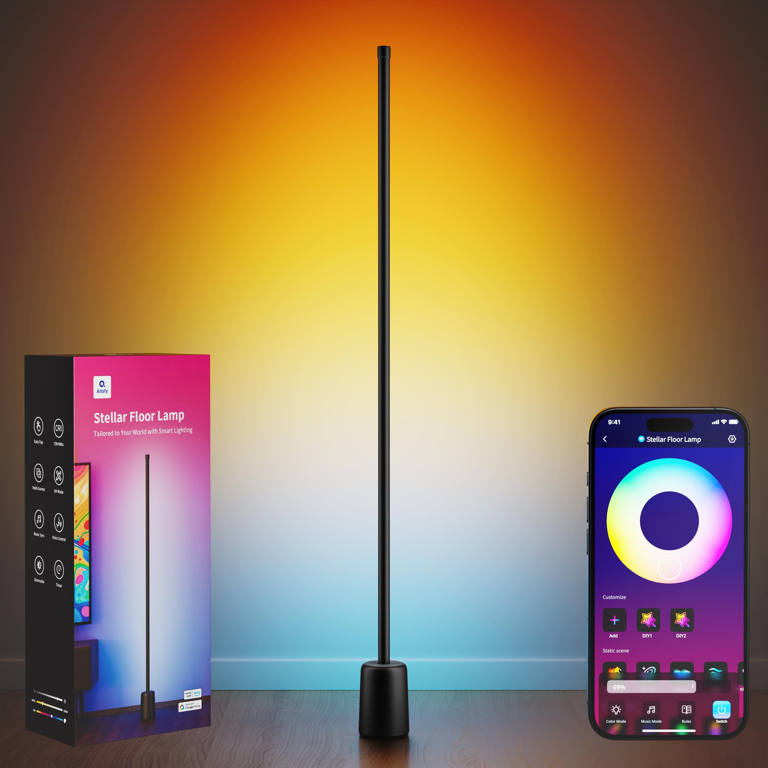Ailofy Lampada da terra angolare, lampada LED RGBW da 1500 lm, compatibile con Alexa e Google Assistant, 16 milioni di colori fai da te, sincronizzazione musica, controllo app, moderna lampada da