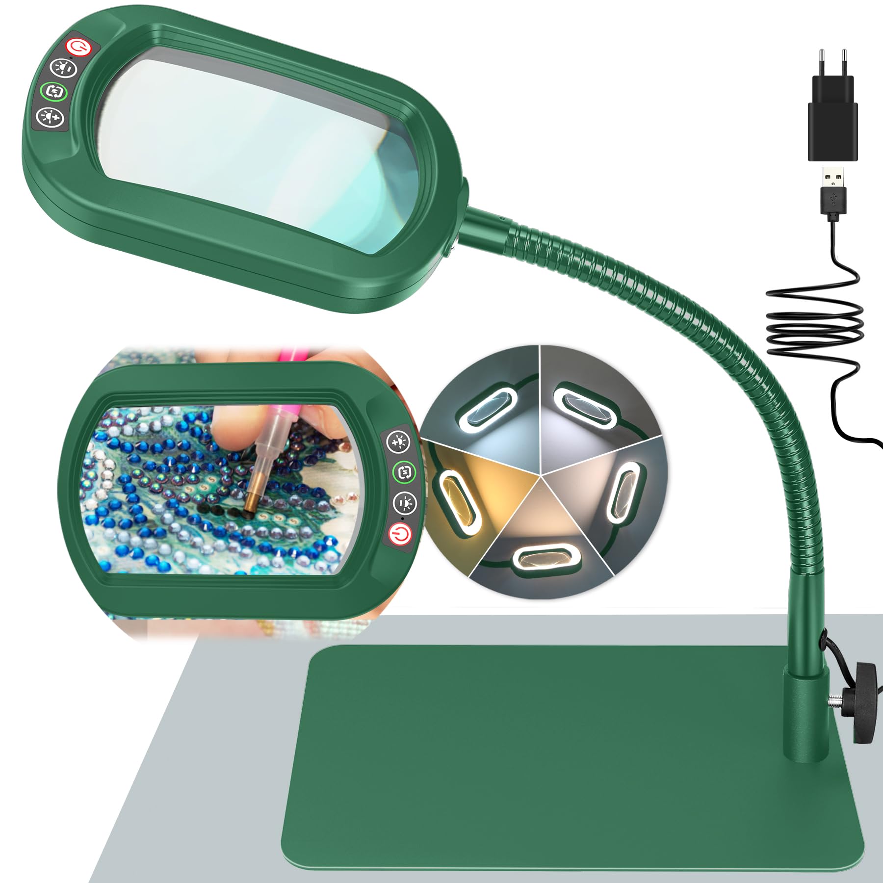 Led-vergrootlamp, 10 x vergrootglas met licht, 5 kleurmodi, traploos dimbaar, led-verlichte loep met licht en klemstandaard, handen vrij voor handwerk, schilderen, werken, lezen, knutselen
