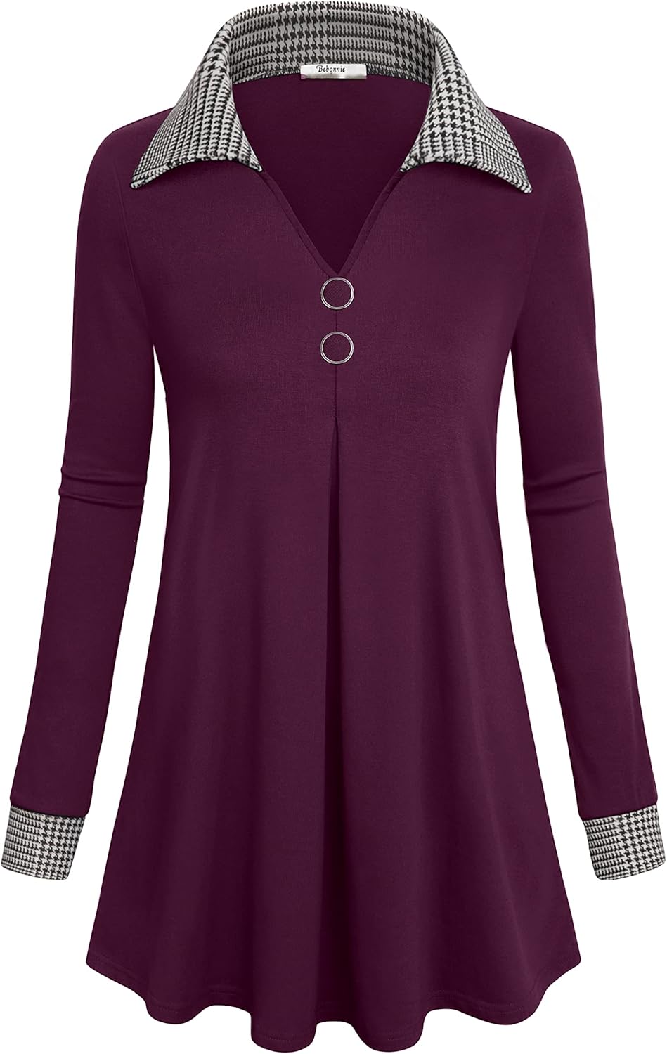 Bebonnie Womens Long Sleeve Casual Lapel V Neck Pullover Tunic Blouse Tops with Buttons - Image 2