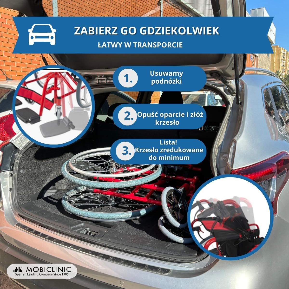 Wózek inwalidzki składany | Aluminiowy | Hamulce na rączkach i kołach | Duże koła | Wieża | Mobiclinic