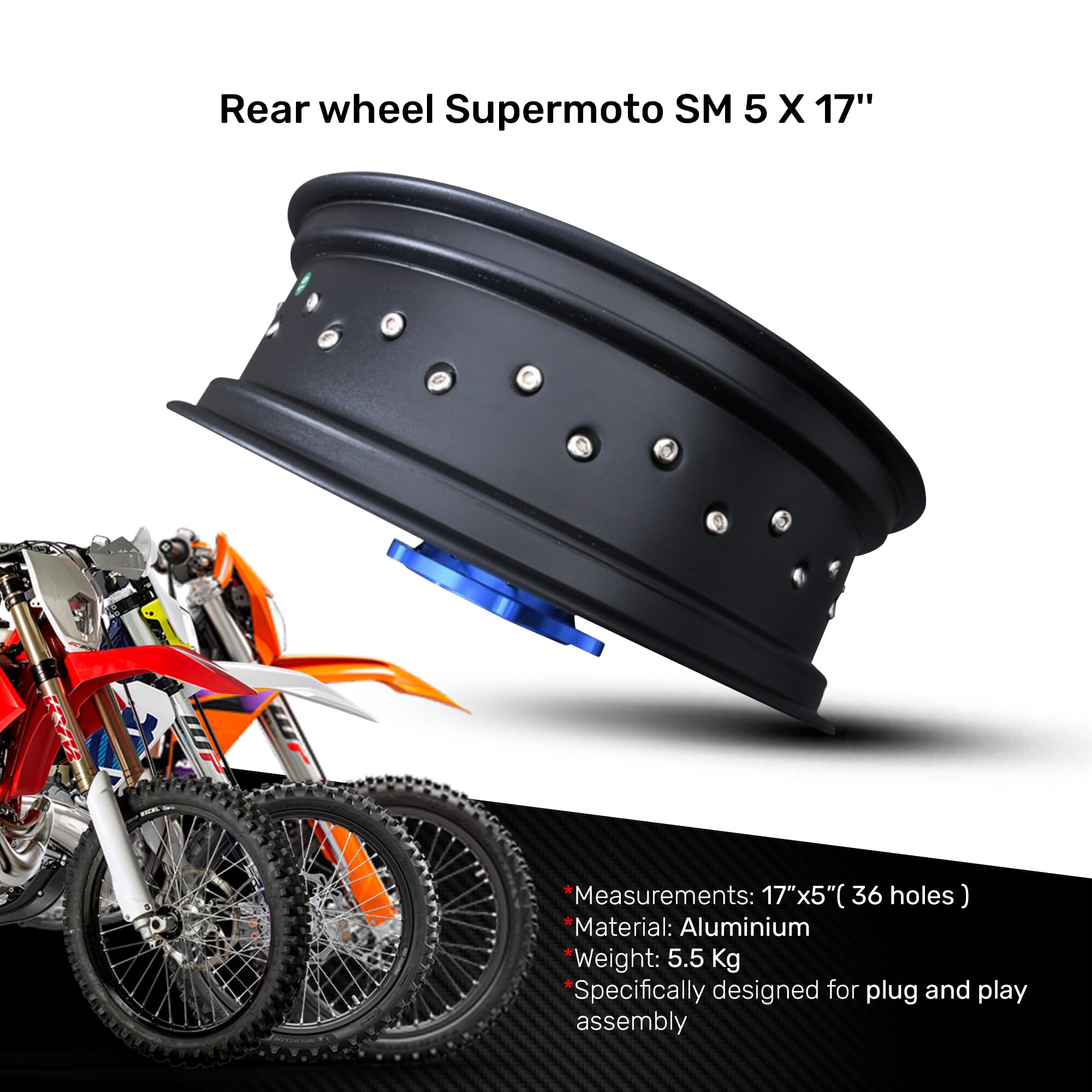 avdb -moto felga/szprychy koło tylne 5" x 17" kompatybilne z KTM SX 150 2013-2014, SXF 250 SX-F 2013-14, SXF 350 SX-F 2013-14, HUSQVARNA FS 450 FS450 16-22, GAGAS MC 125 21-23 Supermoto (niebieskie)