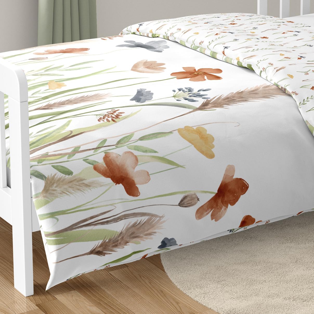 Sweet Jojo Designs Boho Floral Garden Flower Girl Toddler Bedding Set Kids Children 5pc Bed in a Bag with Comforter Pillowcase Sham Sheets Sage Green Watercolor Bohemian Farmhouse Vintage Shabby Chic