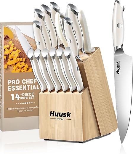 Huusk Knife Set with Block - 14 Pieces Premium Stainless Steel Japanese Knives Set for Kitchen with Ergonomic Ivory White Handle Natural Wood Block Housewarming Gift for Women Men