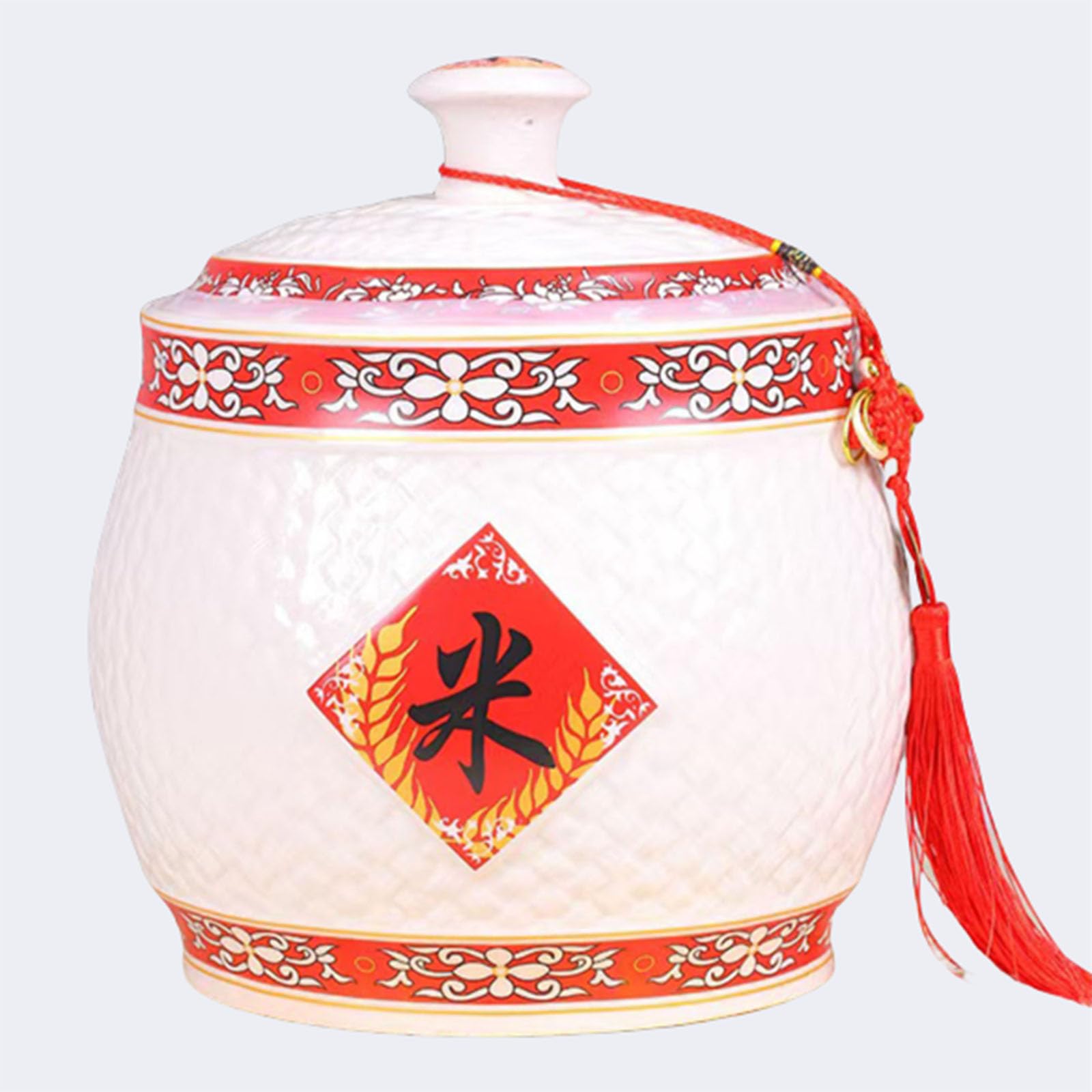 Ixtregzjkm 6 Ceramic Rice Jar With Lid, Chinese Ceramic Rice Bucket With Tassel Design, Airtight Large Capacity Rice Jar, Oatmeal Container, Rice Container, Cereal Dispenser, Large Sugar Dispenser 10Kg