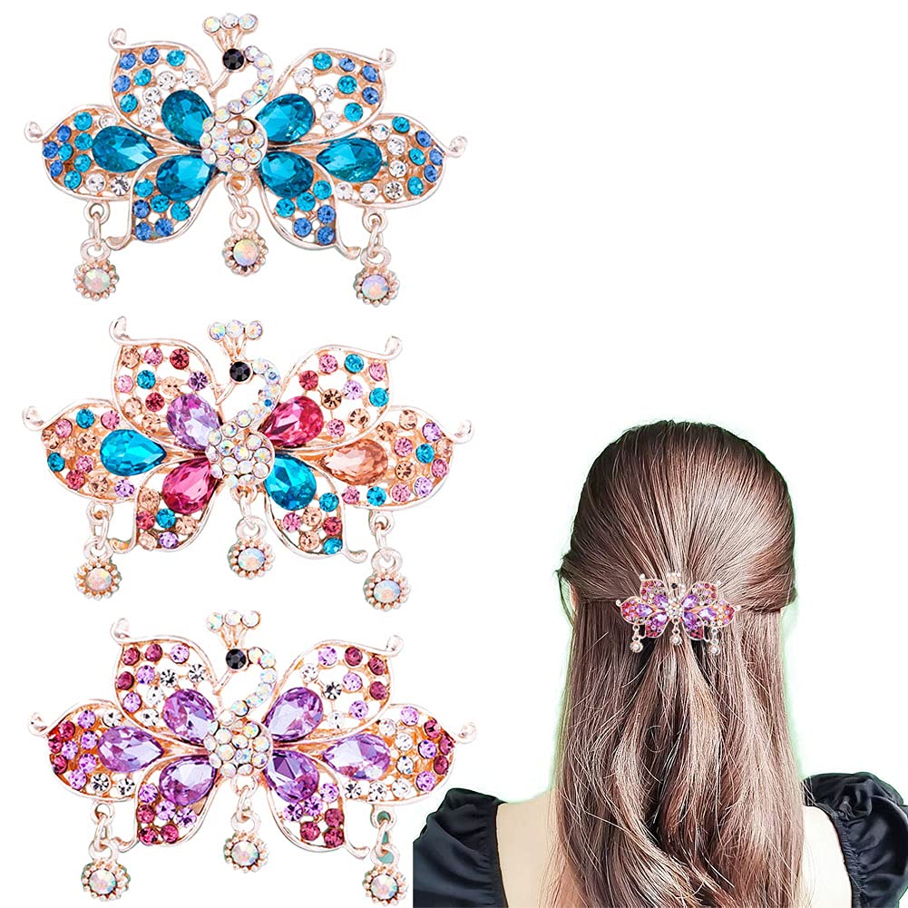 3 PCS Hair Barrettes for Women Ladies, Rhinestone Peacock