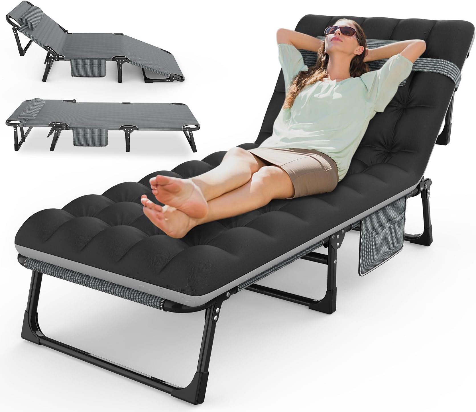 Suteck Folding Camping Cot, Adjustable 6-Position Reclining Portable Outdoor Cot Heavy Duty Sleeping Bed Cots w/Pillow Mat Carry Bag, Chaise Lounge Chair for Home Office Nap Beach Pool Patio Travel