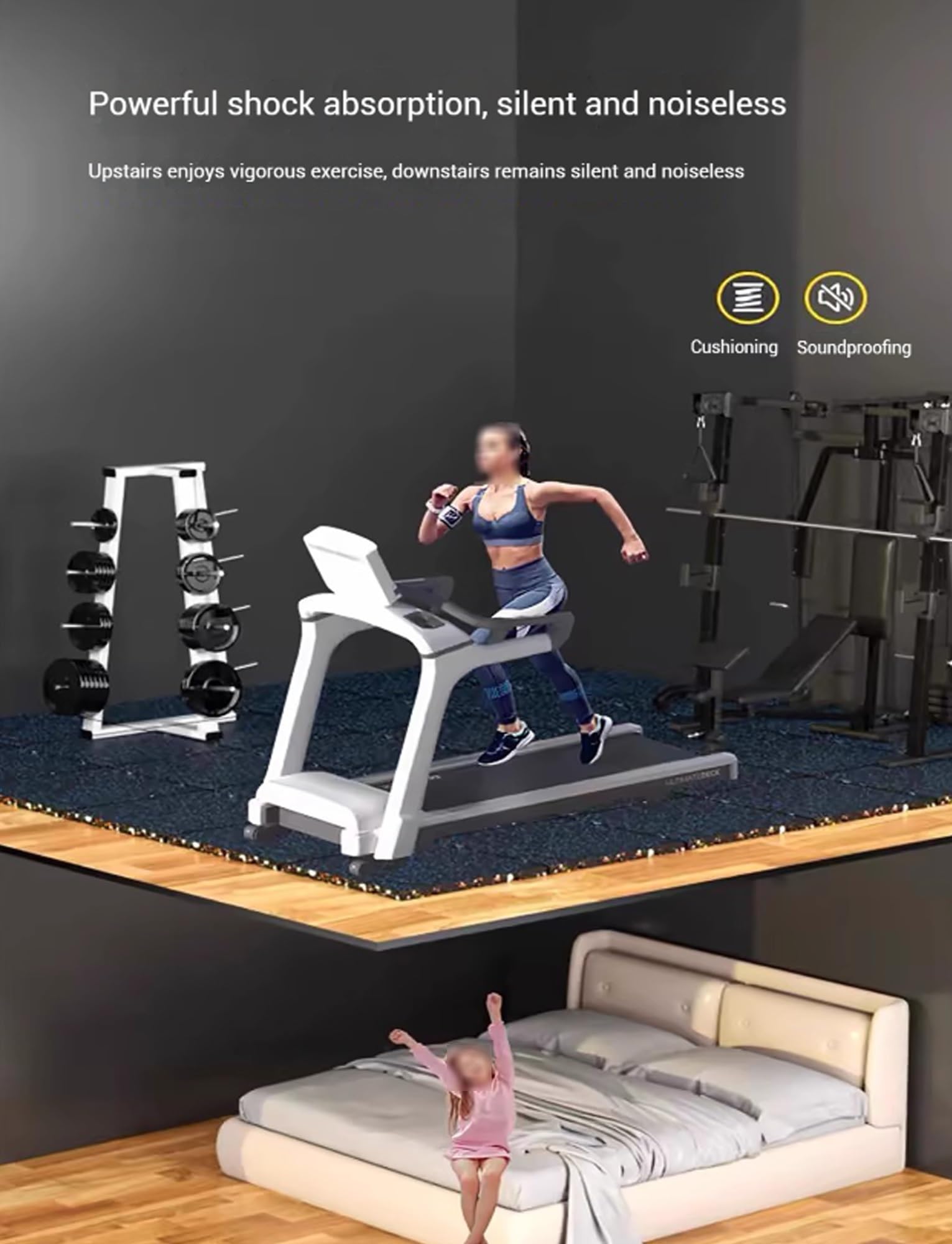 Generisch Extra Dicke Matten for Trainingsgeräte, Bodenfliesen aus Gummi mit hochdichtem Schaumstoff, ineinandergreifender Fitnessboden for das Heim-Fitnessstudio, Trainingsmatte(1.5cm)