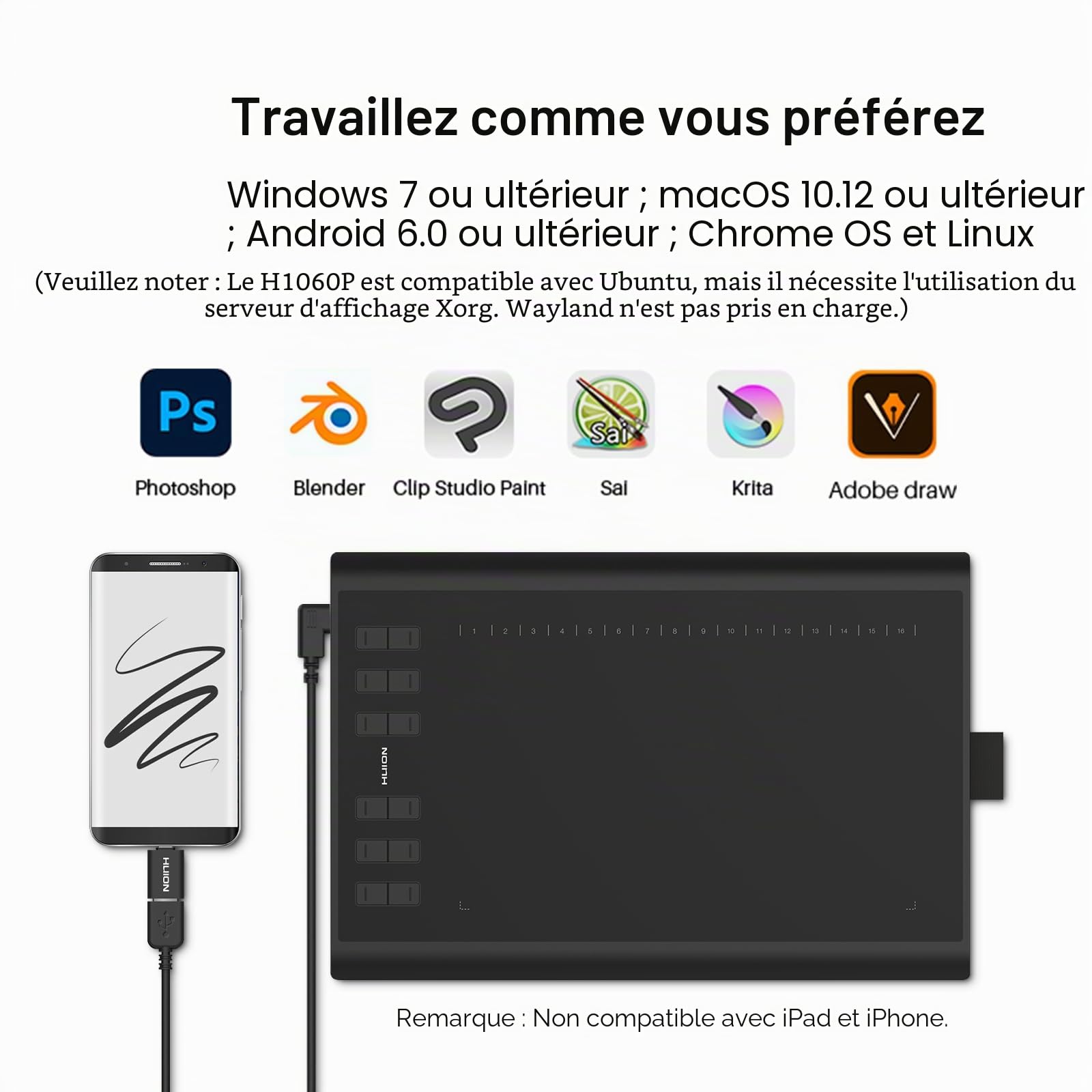 Tablette graphique Huion 1060 PLUS 8192 niveaux de pression 5080 LPI
