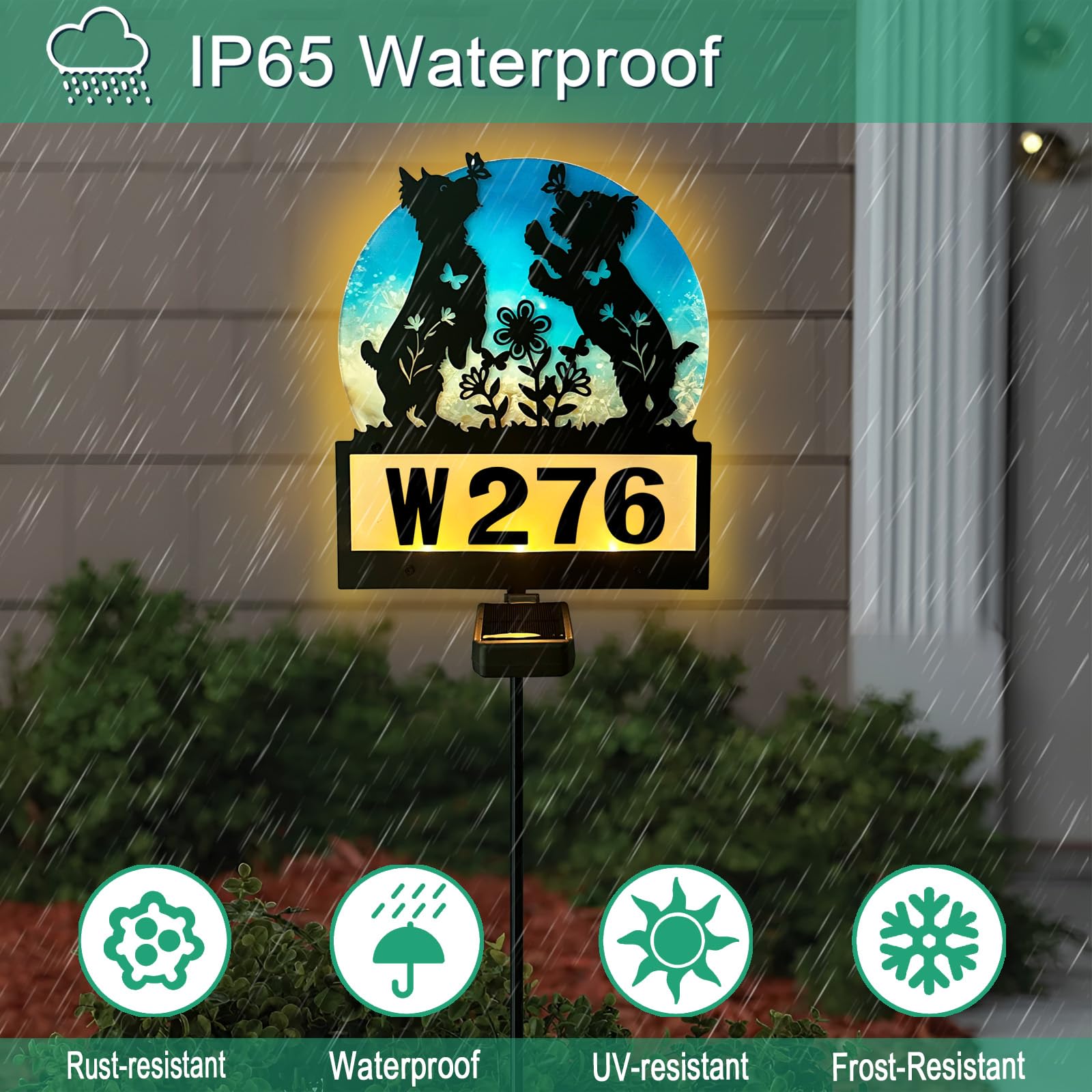 Solar-Hausnummern, Hofschild, solarbetriebene Lichter, Metall, verspielte Yorkie-Hunde-Silhouette, Gartenstecker