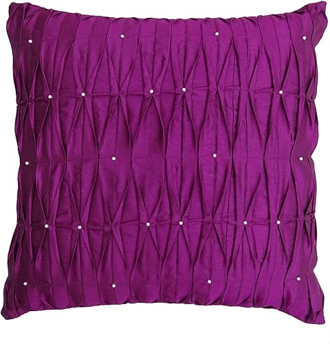 S4Sassy Funda de cojín decorativa hecha a mano con cuentas de seda dupion magenta, funda de almohada cuadrada de 18 x 18 pulgadas