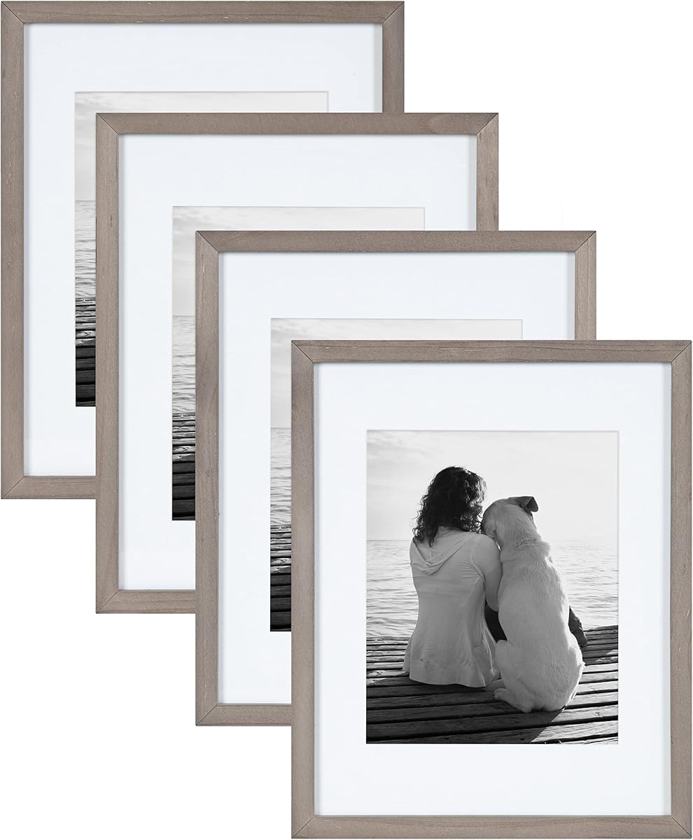Juego de marcos para fotos DesignOvation Gallery; Juego de 4; 11 x 14 Enmarañado a 8 x 10; Gris; Conjunto decorativo de granja de marcos de cuadros de madera maciza robustos para decoración de paredes