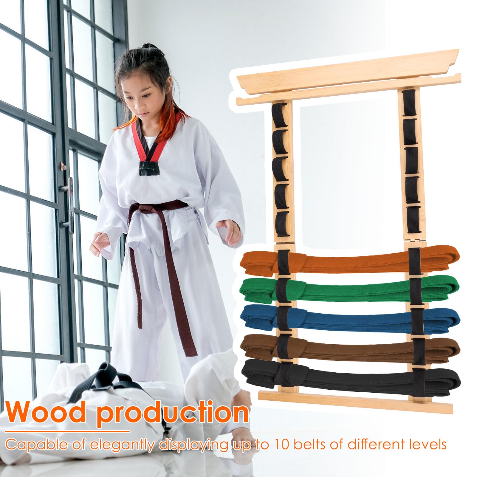 Soporte para cinturón Karate - 12 cinturones,Almacenamiento de cinturón de artes marciales de madera con colgador de medallas y pegatinas,Cinturón de artes marciales de madera,Equipo para
