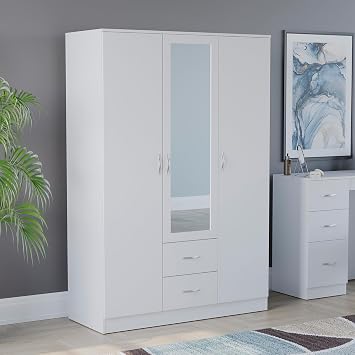 Vida Designs Riano 3 Door Mirrored Wardrobe | White | Bedroom Furniture | 170H x 115.4W x 53D cm | with Shelf & Hanging Rail | Large Capacity Storage