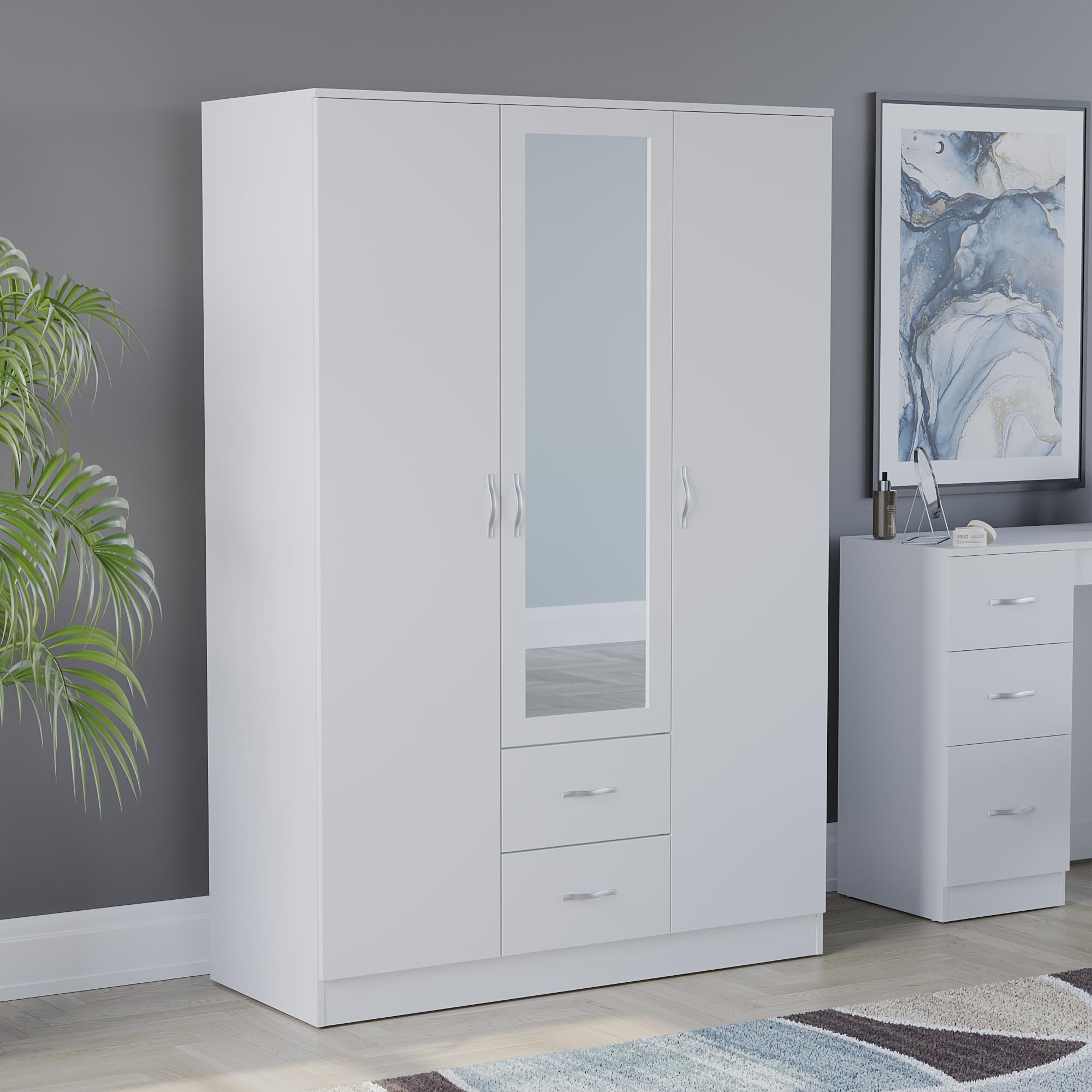 Vida Designs Riano 3 Door Mirrored Wardrobe | White | Bedroom Furniture | 170H x 115.4W x 53D cm | with Shelf & Hanging Rail | Large Capacity Storage