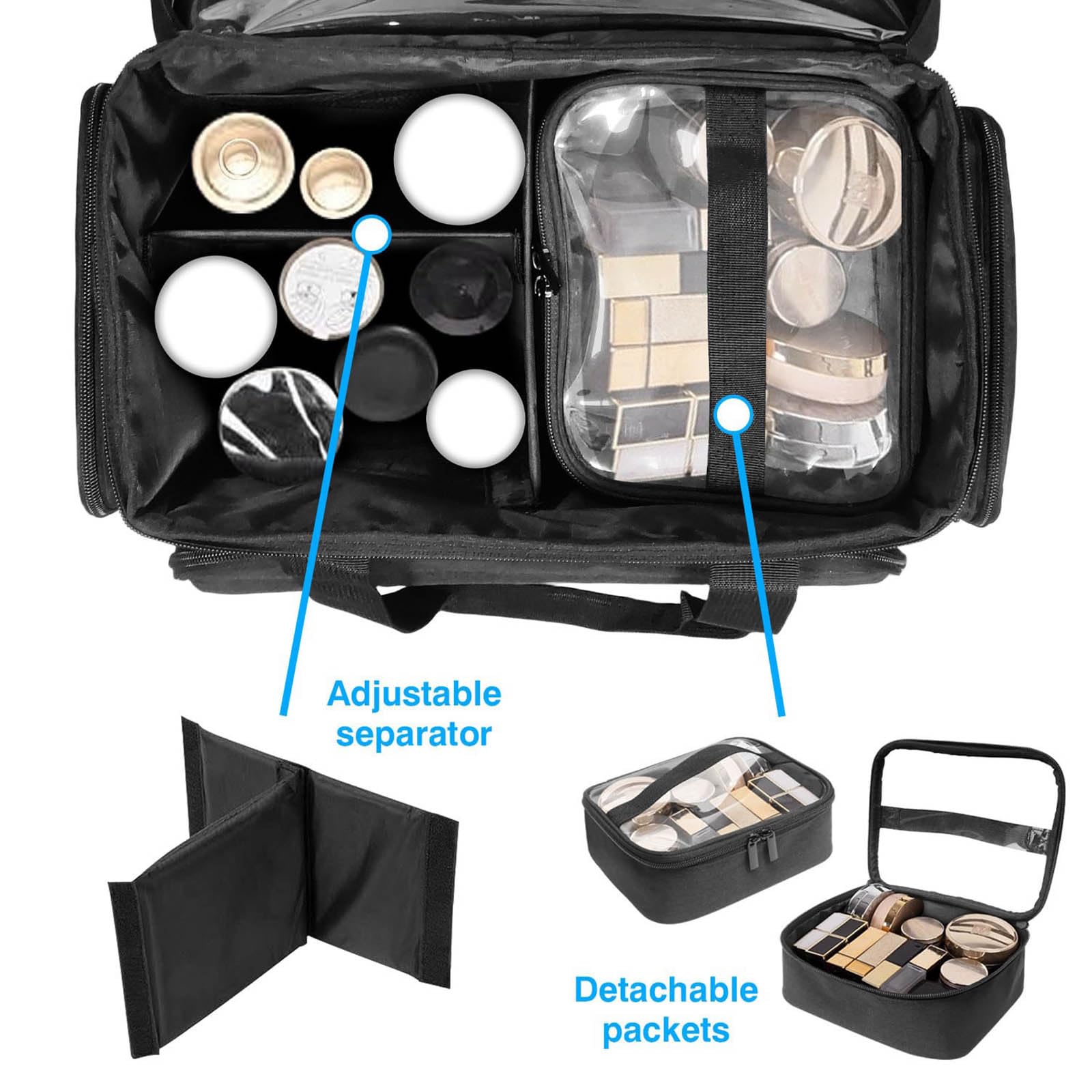 Neceser extensible con varios compartimentos, resistente bolsa de maquillaje de poliéster, bolsa de viaje para mujer, organizador de cosméticos extraíble para viajes