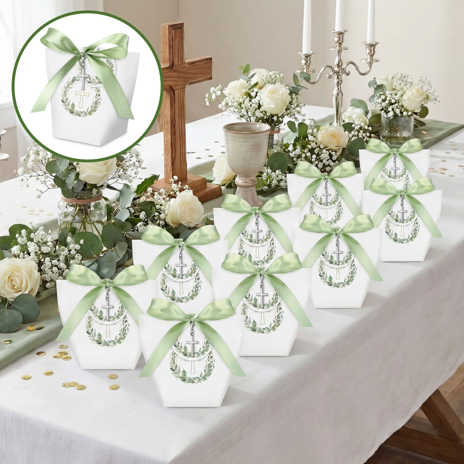 Faccito Set 30 Scatoline Portaconfetti con Nastro e Portachiavi Croce – Con Etichette Decorative Eucalipto, Ideali per Bomboniere, Prima Comunione, Cresima, Matrimonio e Cerimonie Religiose