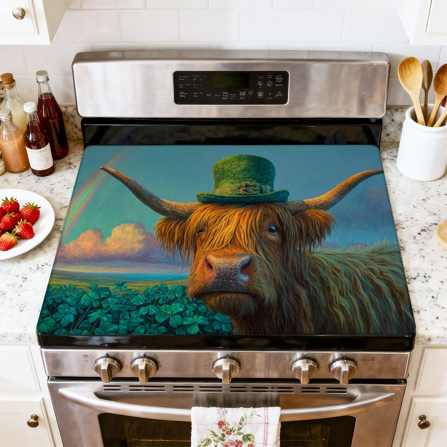 Stove Top Cover for Electric Stove Highland Cow Surrounded by Clover Sparkling Coins Heat Resistant Glass Cooktop Protector Flat Top Oven Cover Mat Prevent Scratching 28" x 20"