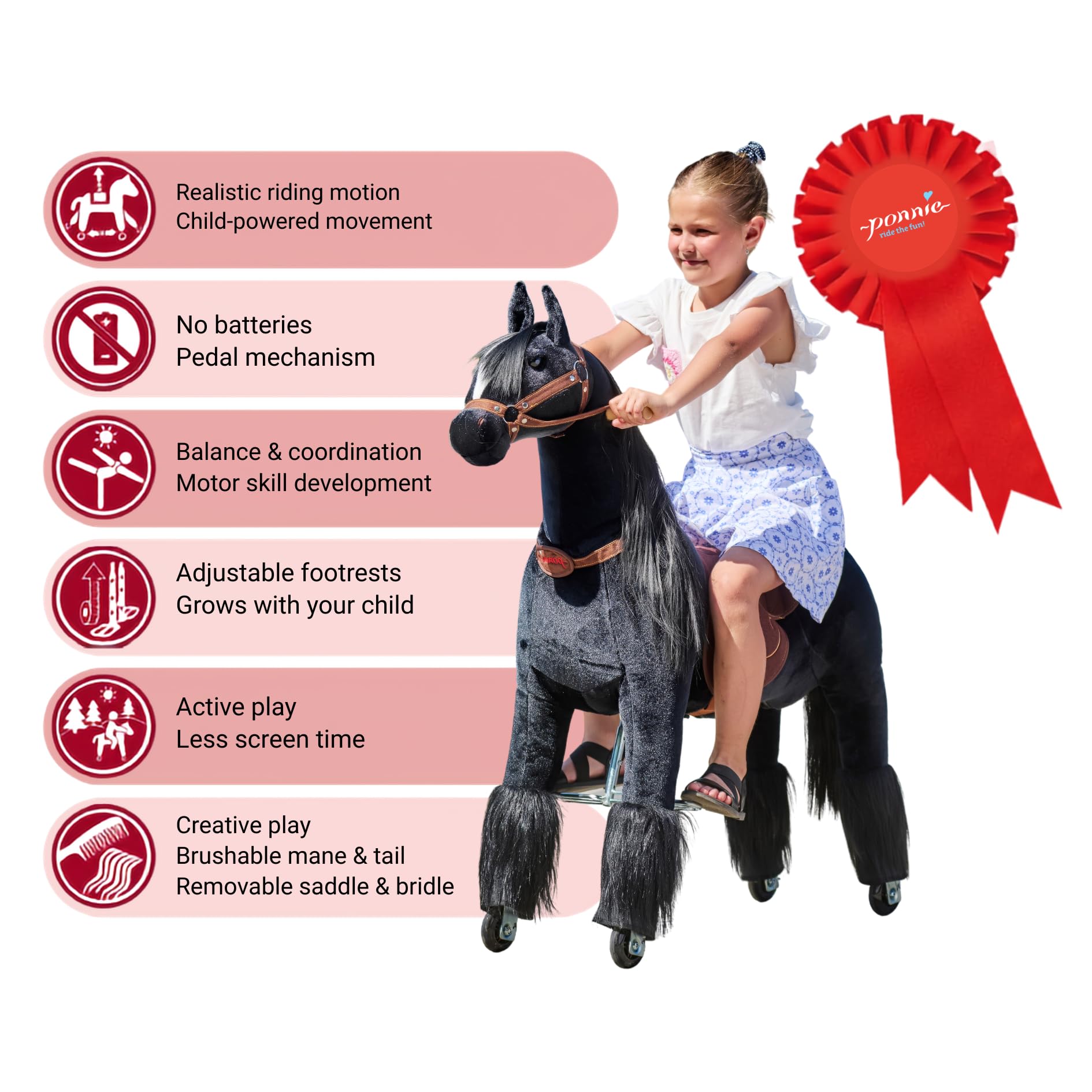 PONNIE Koń jeździecki z kołami Ebony M dla dzieci w wieku 5-12 lat (50 kg) – Bez baterii – Wzrost dziecka uwzględniony dzięki regulowanym strzemiączkom – Można czesać dzięki odpinanemu brązowemu