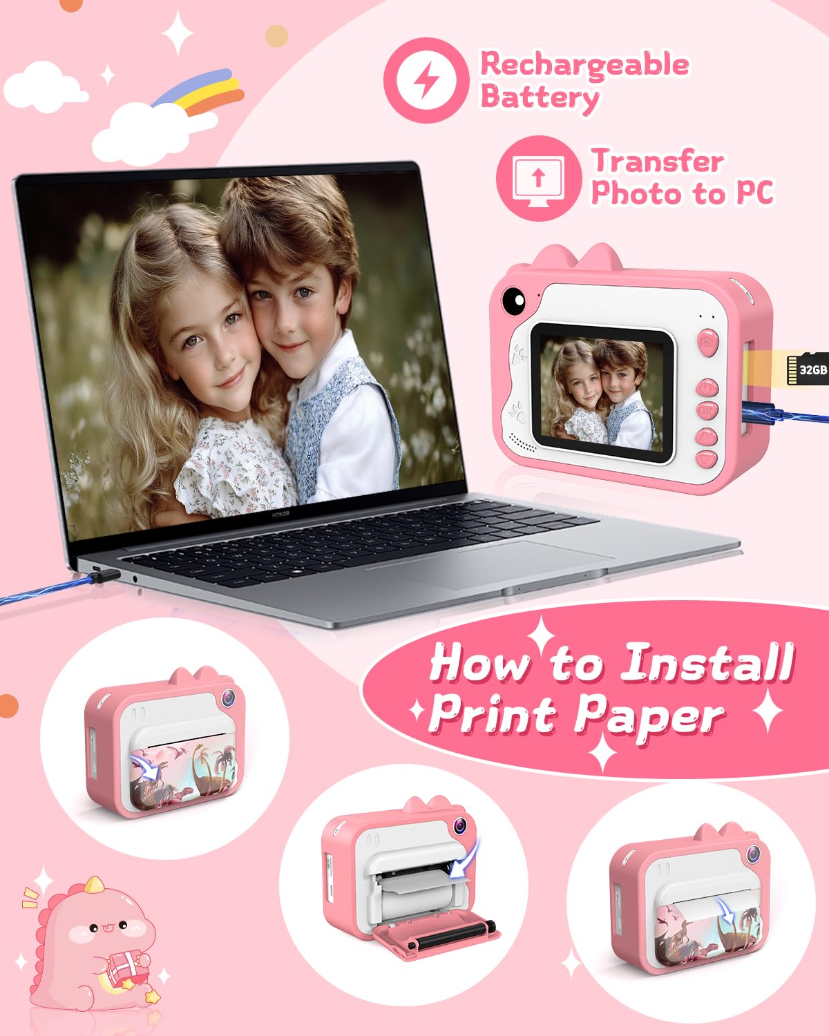Cámara de impresión instantánea para niños, cámara de impresión instantánea de dinosaurio para niños con video de 1080P, tarjeta SD de 32 GB, 240 fotos, regalos de cumpleaños de Navidad para niños y 7