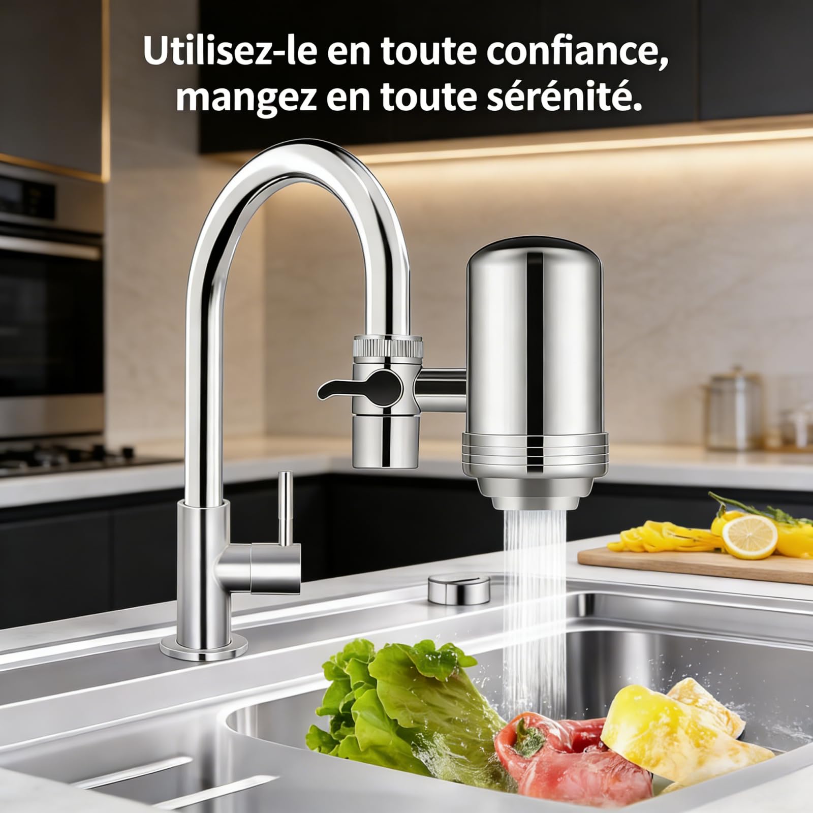 Pureva Water Purifier for Kitchen Taps - Acier inoxydable 304 | Filtre à eau de robinet à charbon activé, Anti chlore & rouille, Solution écologique pour maison et voyage (Argenté)