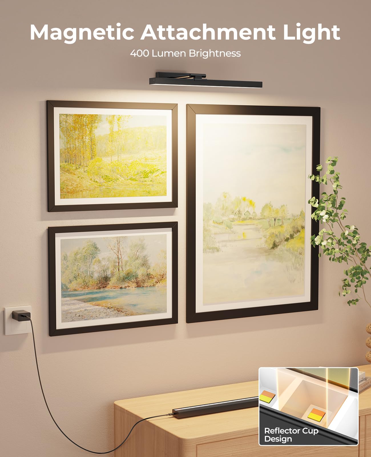 PESUTEN Lot de 2 appliques murales magnétiques CCT à piles de 40,6 cm pour peinture avec télécommande pour galerie, œuvres d'art, salon, portraits, couloir - Noir
