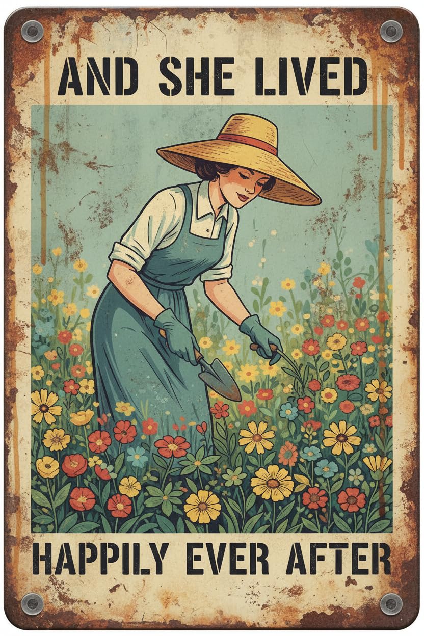 Metal Tin Retro Sign Gardening and She Lived Happily Ever After Tin Sign Vintage Art Wall Sign for Home Bar Pub Cafe Farm Room 8"x12"