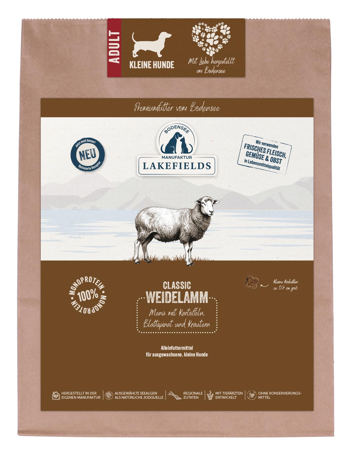 Lakefields Classic Hundefutter trocken | Lamm 60% | 4 x 1kg | Getreidefreies Trockenfutter für kleine ausgewachsene Hunde | Extra kleine Kroketten | Heidelbeeren, Äpfel & Spinat | Schonend gebacken