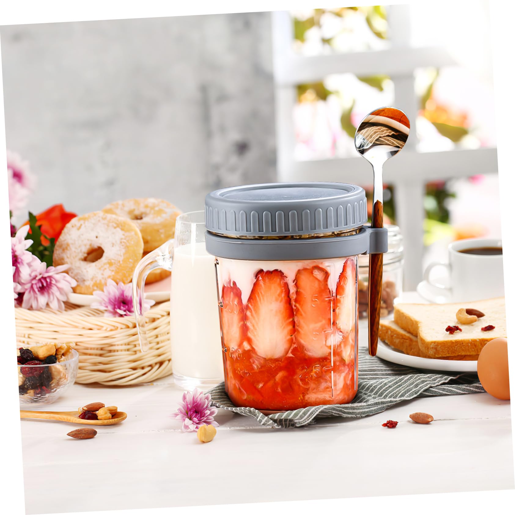 SOLUSTRE 4 Stück Teiliges Einmachglas mit Deckel und Löffel Luftdichter Großer Glasbehälter für Joghurt Frühstück Vielseitiger Küchen Vorratsglas für Büro und Picknick