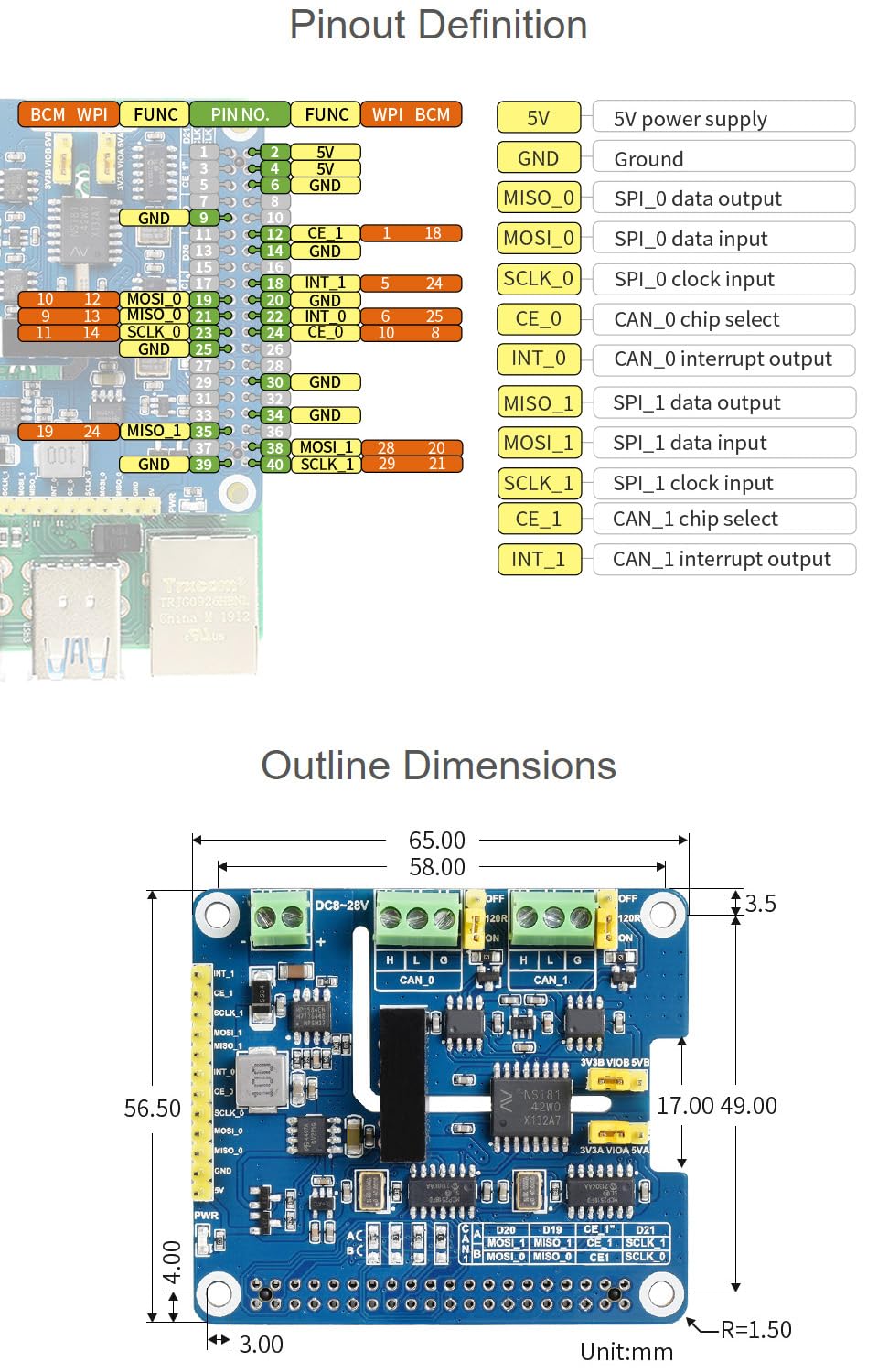Waveshare 2 Channel Can FD Expansion Hat for Raspberry Pi Supports Can with Flexible Data Rate Multi Onboard Protection Circuits