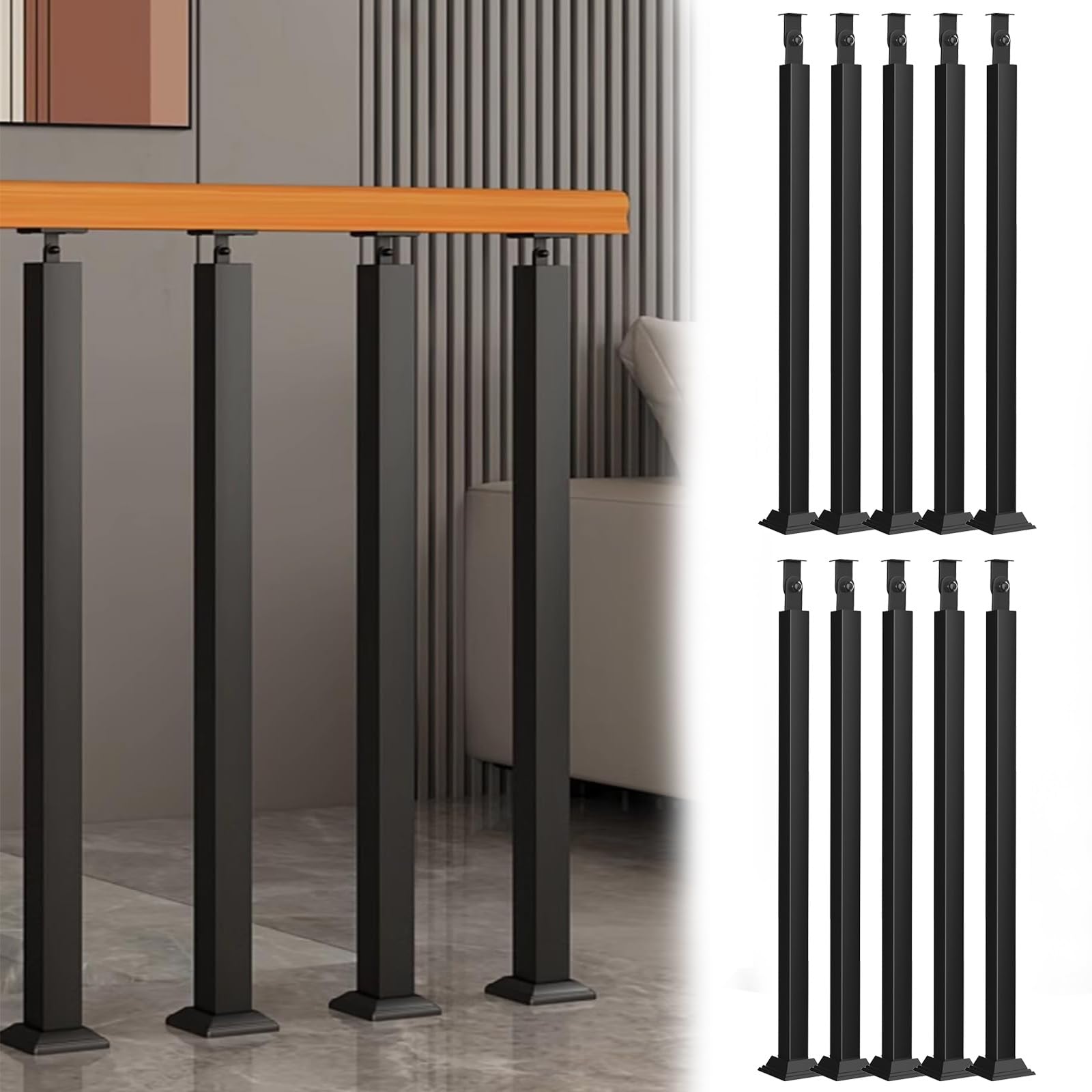 Zestawy balustrad schodowych do wnętrz – 10 sztuk czarnych metalowych słupków tralkowych, 110 cm (43 cale) – poręcz schodowa na schody, balkony, tarasy i dekoracje zewnętrzne