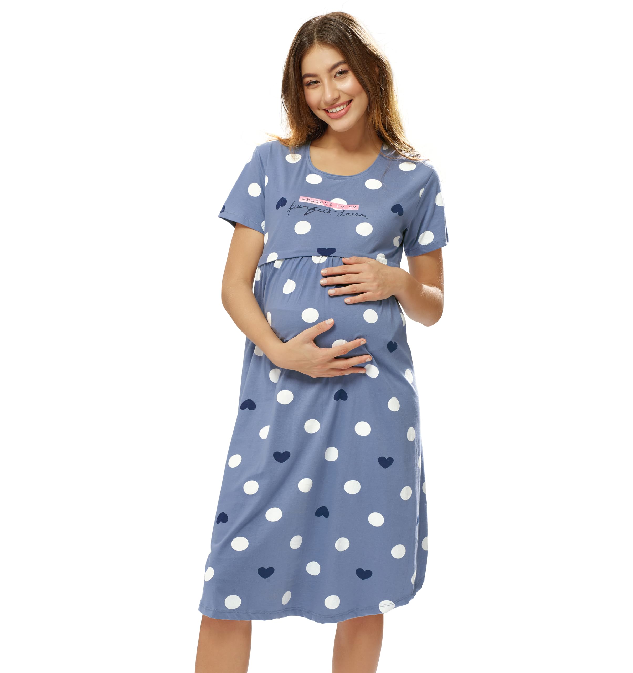 Women's Cotton Heart & Gola Printed Maternity & Feeding Calf Length Short Nighty