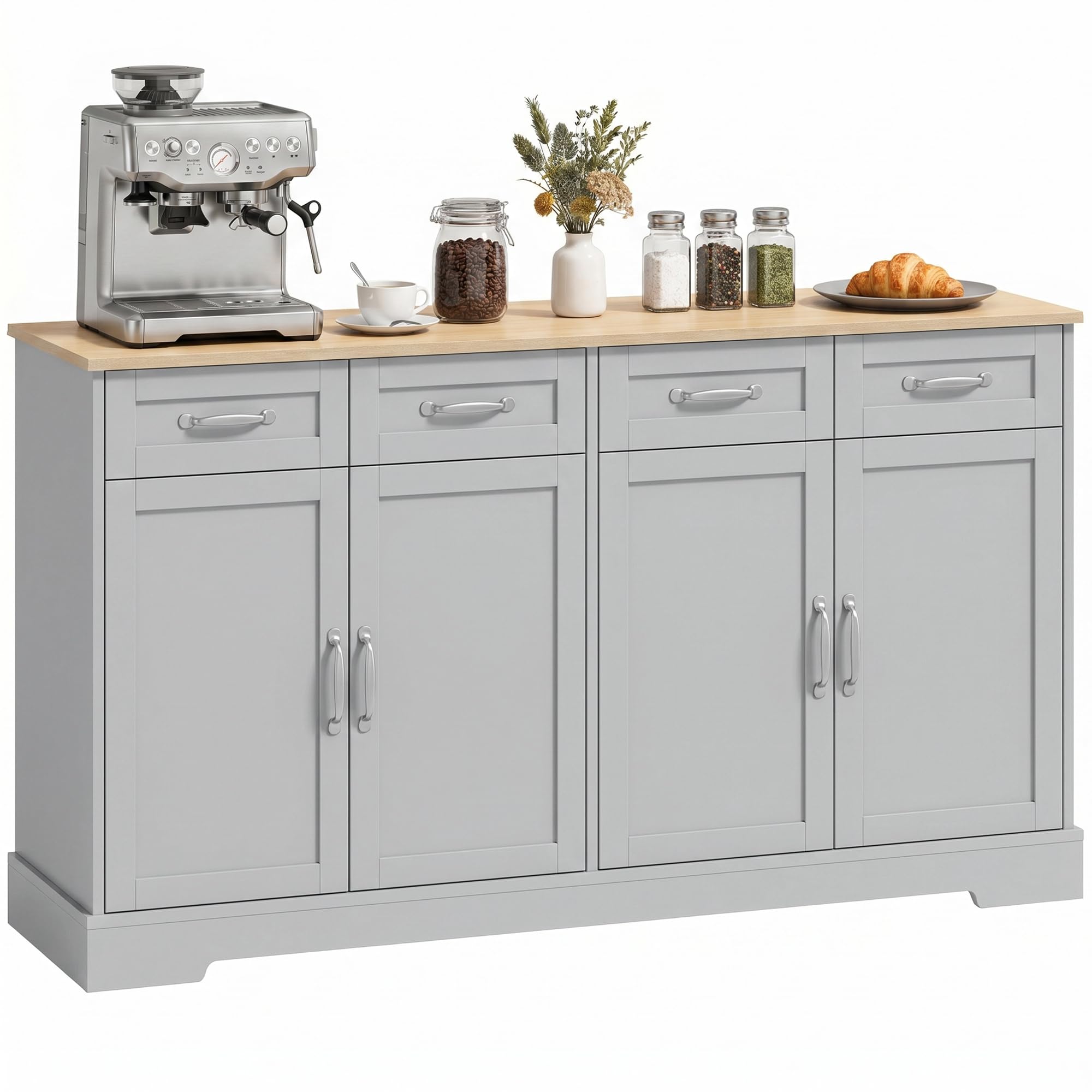 HOMCOM Sideboard Buffet Cabinet, 140 cm Modern Farmhouse Kitchen Storage Cabinet with 4 Drawers, 4 Doors and 2 Adjustable Shelves, Coffee Bar Station, Grey
