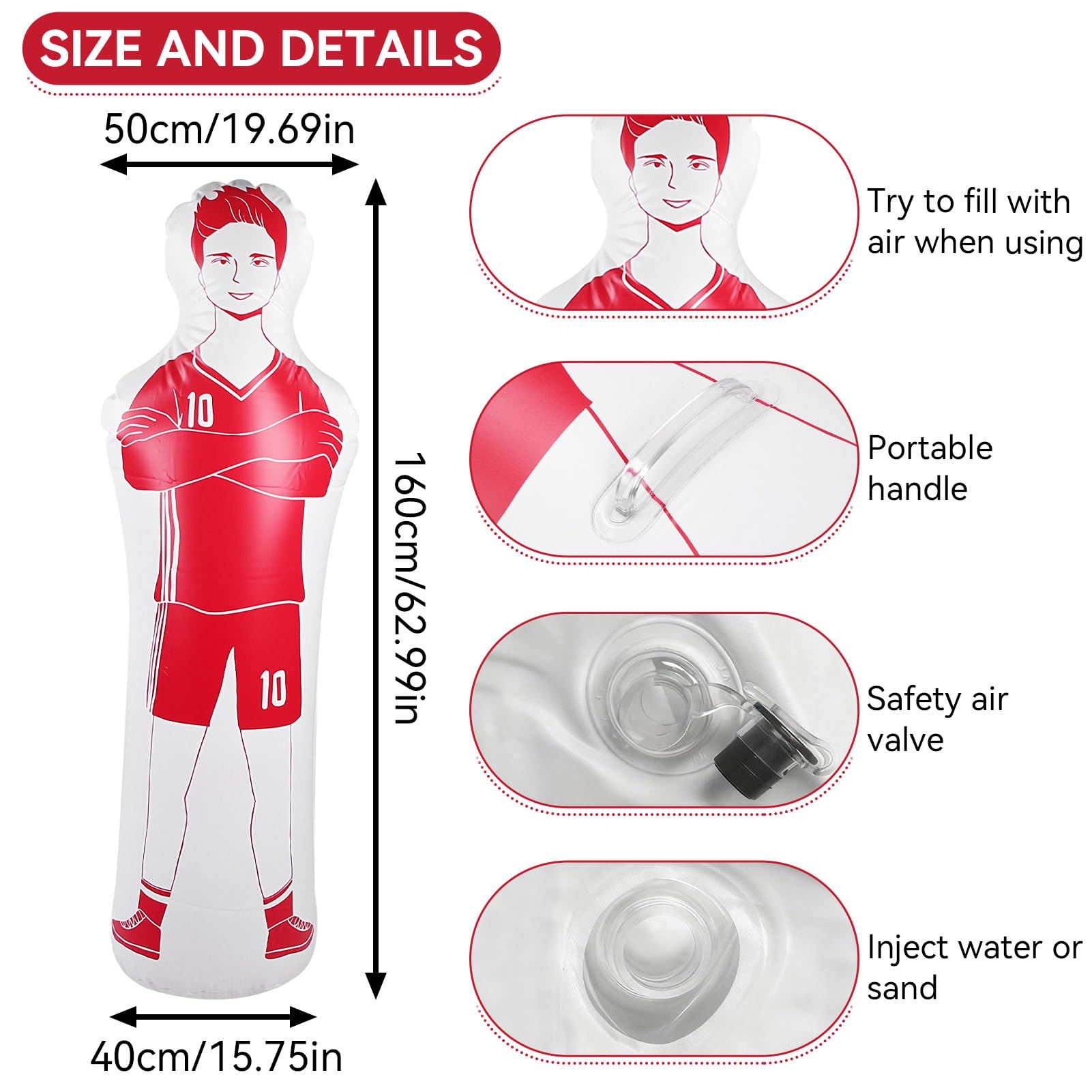 Aufblasbare Fußball Dummy, 40x160CM Fußball Training PVC Aufblasbare Fußballpuppe Boxsack Zum Boxen Torwart Trainingsausrüstung Für Fußballtraining, Torwarttraining 0,35 m PVC-Boxsack