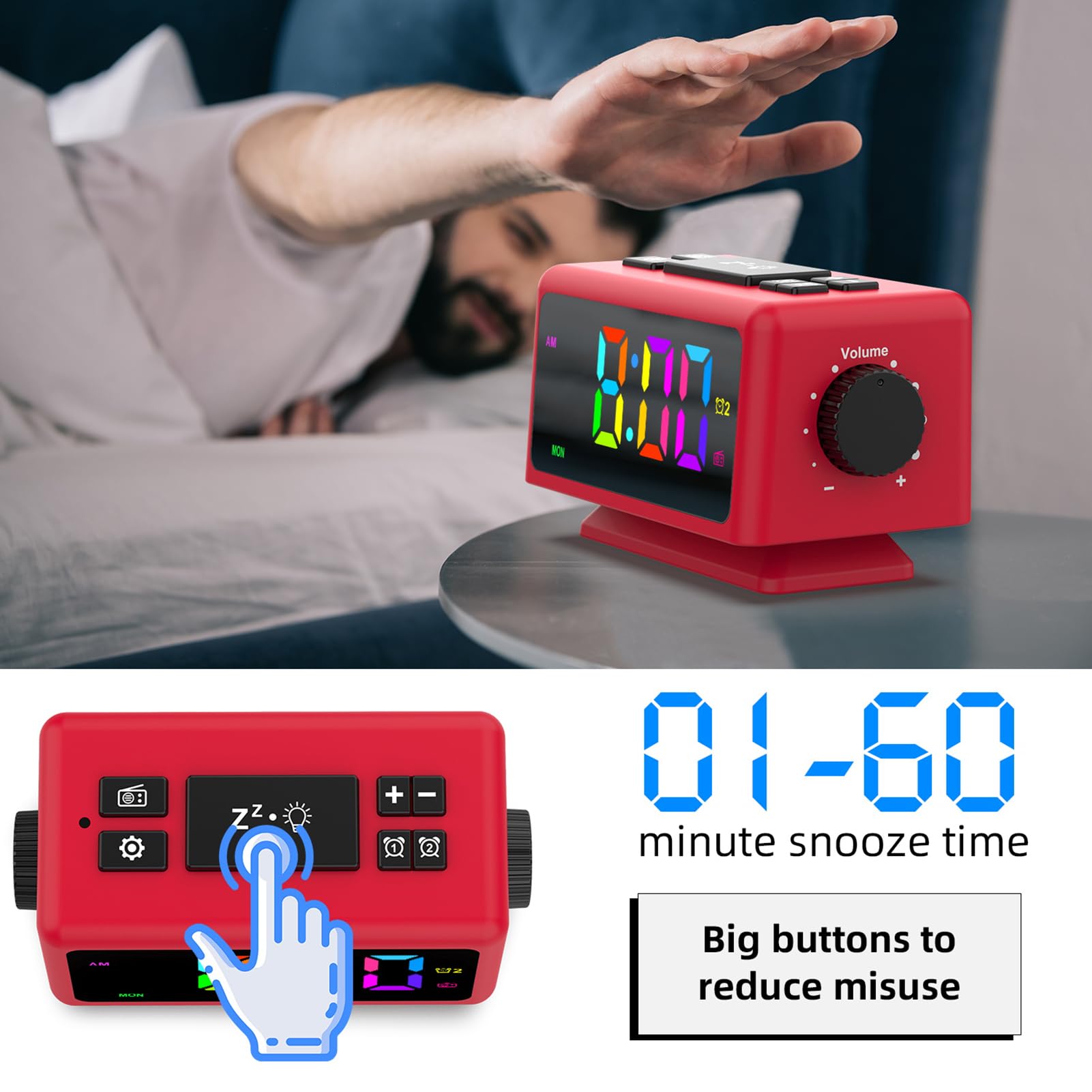 ThreeH Sveglia RGB con Radio 11 Colori Display Orario 12 Livelli Volume e Luminosità Regolabile Macchina del Suono del Sonno con 2 Porte di Ricarica USB Rosso