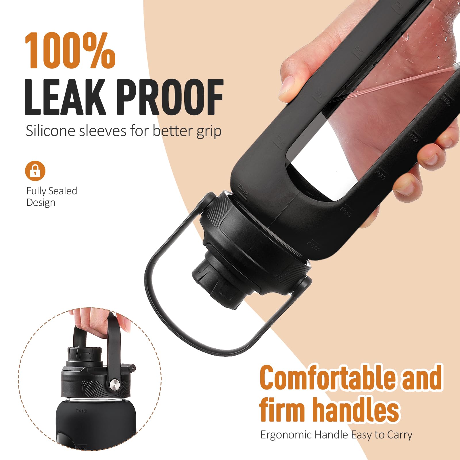 BLUEGO Borraccia Vetro 700ml con 2 Coperchi e Cannuccia, Sportiva Bottiglia d'Acqua con Custodia in Silicone e Indicatori di Tempo, Senza BPA, Nero