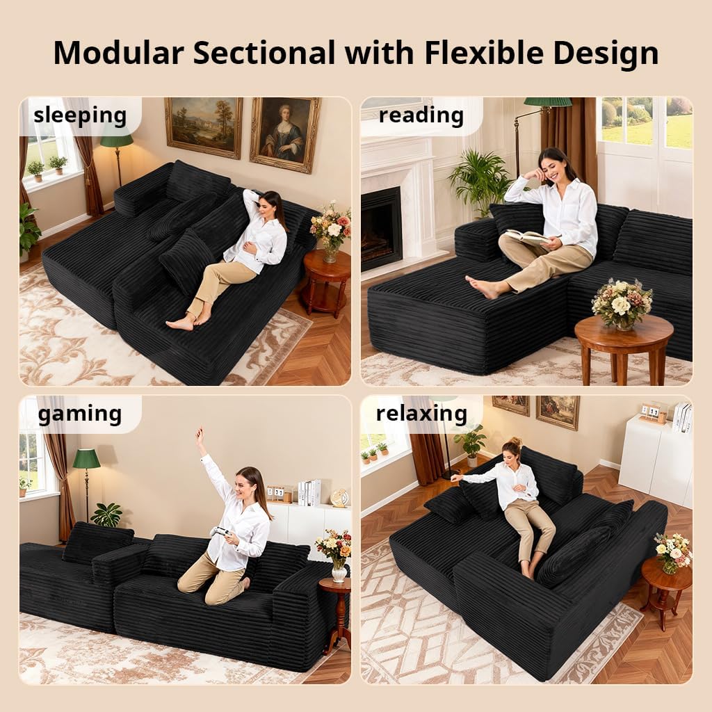 COMHOMA 105”Modular Sectional Sofa with Deep Seat,Cloud Upholstered L-Shape Couch Wide Arms Corduroy Fabric High-Density Foam Chaise Lounge for Living Room No Assembly Required